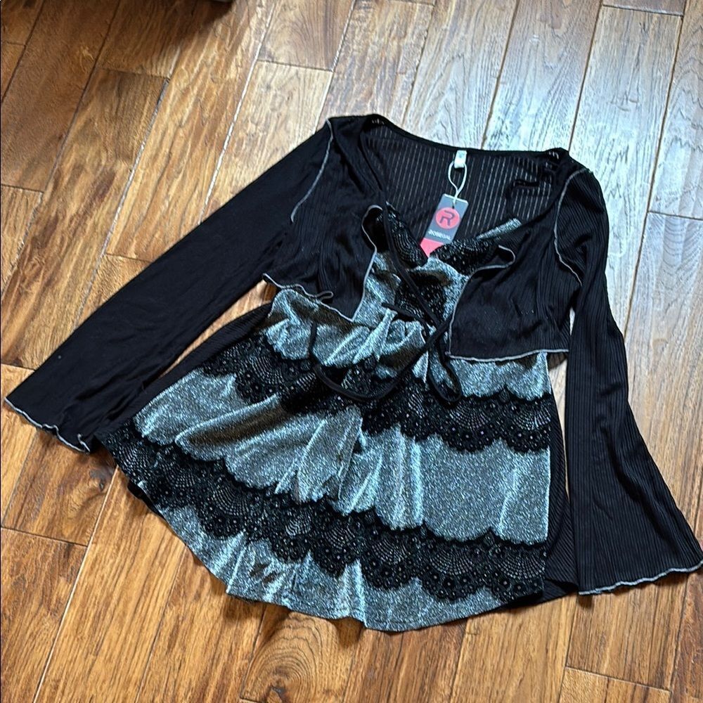 Black and Gray Lace Dress with Bell Sleeves